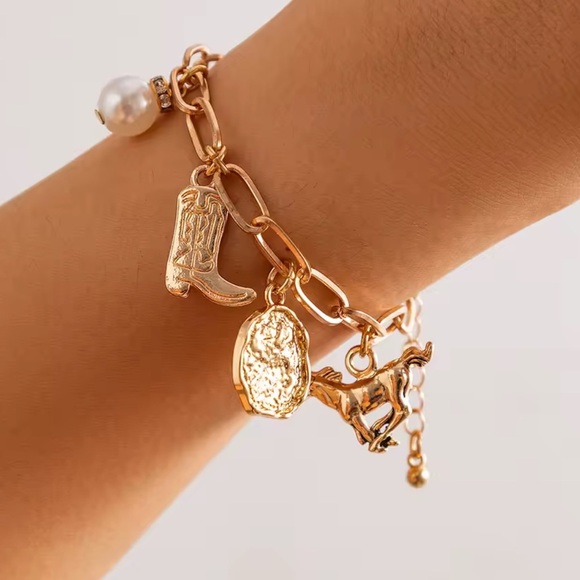 Gold Chain Western Charm Bracelet – Cowboy Boot, Hat & Pearl Charms - Picture 1 of 7
